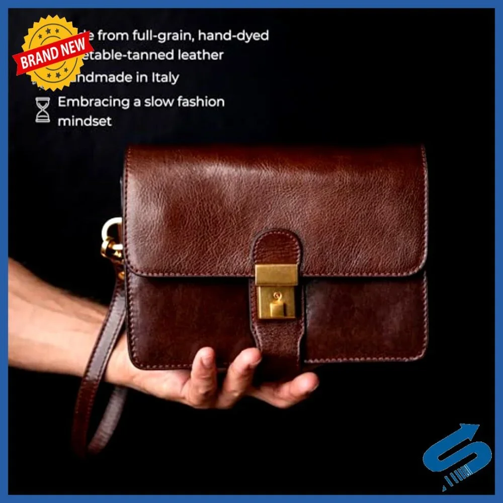 Italian Leather Briefcase Wristlet Organizer Bag for Men